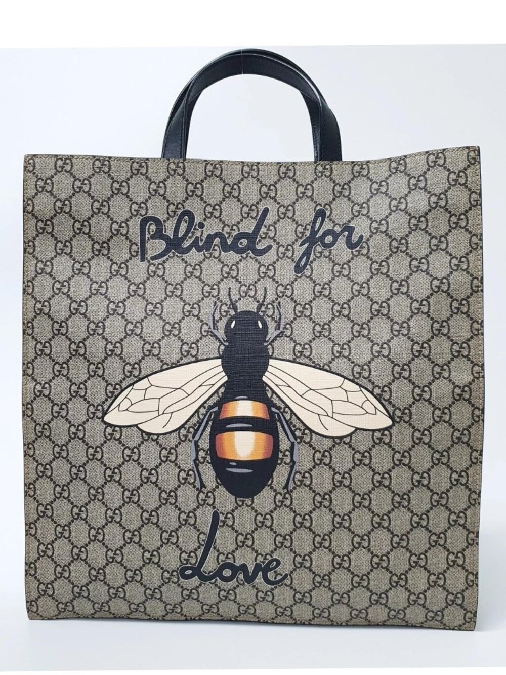 Authentic Gucci GG Supreme Bee Tote Bag Large Canvas Black Leather - Picture 2 of 12